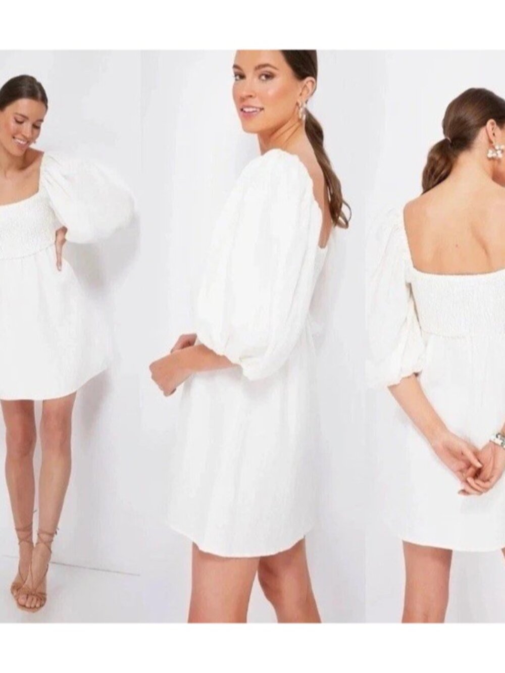 TUCKERNUCK Medium White Linen Annie Smocked Mini Dress Ballon Sleeve
